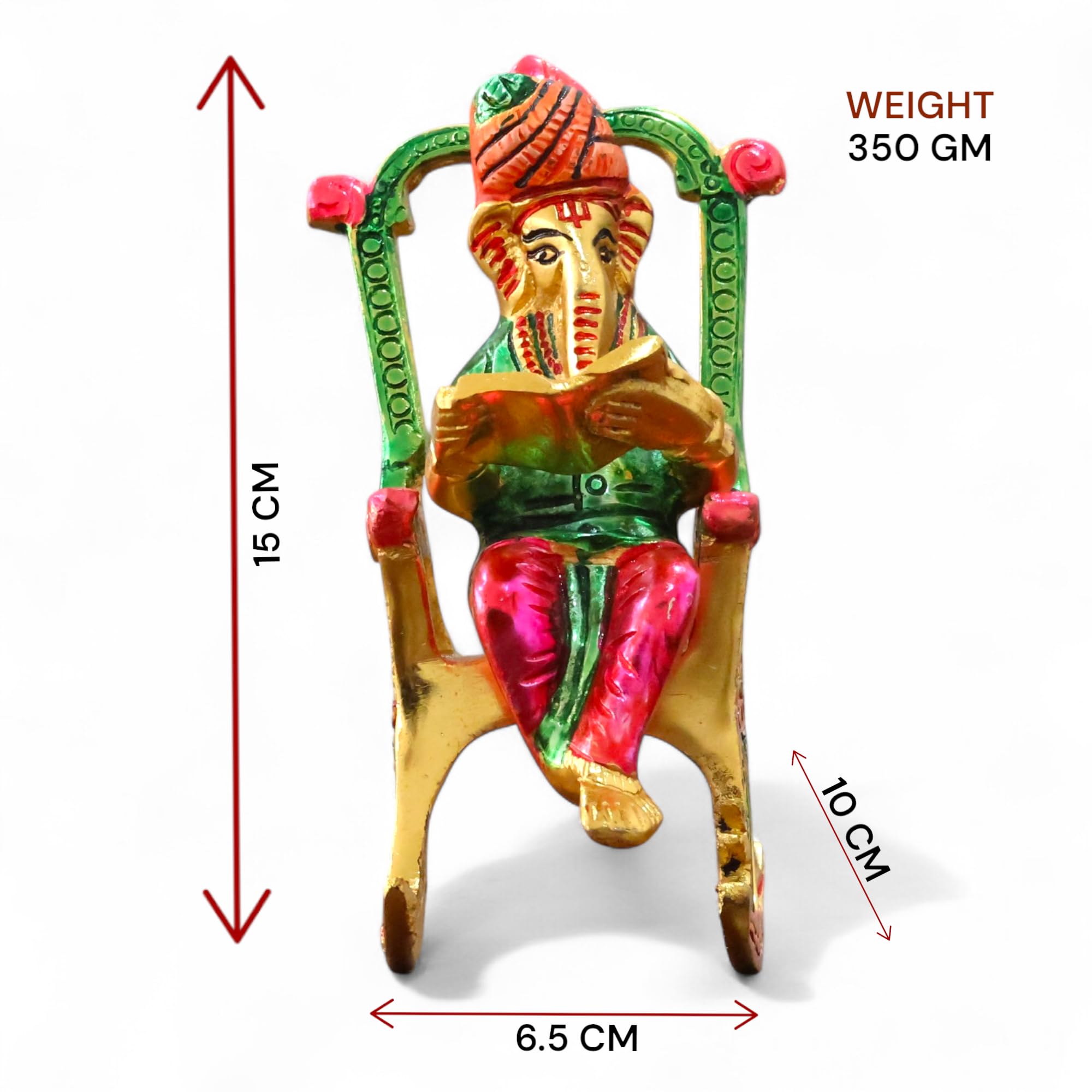 Kridaykraft Metal Chair Ganesh Ji Reading Book With Meenakari Work,Ganesha Metal Statue For Pooja & Home, Office Dcor, Car Dashb